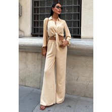 Kadın Bej Ayrobin Uzun Kollu Düz Bağlamalı Ikili Takım