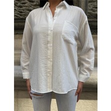Beyaz Oversize Kırışık %100 Polyester Gömlek