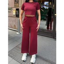 Bordo Modal Polyester Keten Bisiklet Yaka Takım