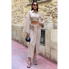 Kadın Vizon Keten Uzun Gömlek Yaka Takım