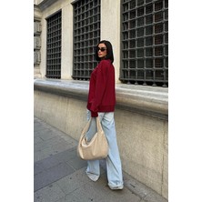 Kadın Bordo Pamuklu Taşlı Oversize Sweatshirt