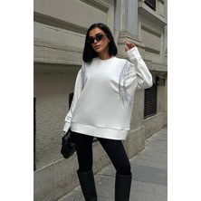 Kadın Kırık Beyaz Oversize Dokuma Uzun Kollu Sweatshirt