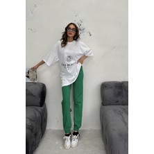 Kadın Beyaz Yeşil Baskılı Lycra Oversize Ikili Takım