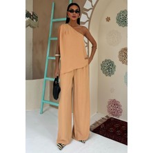 Kadın Camel Ayrobin Tek Omuz Oversize Takım