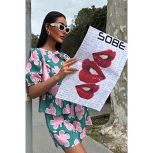 Kadın Multi Çiçek Desenli Poplin Kısa Takım