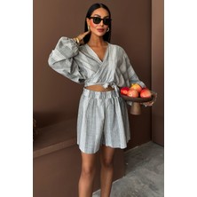 Kadın Siyah Çizgili Dokuma V Yaka Uzun Kollu Takım