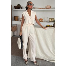 Kadın Ekru Kolsuz Polyester Crop Dokuma Takım