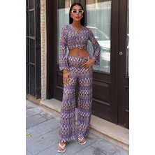 Kadın Lila Desenli Polyester Uzun Kolsuz Takım