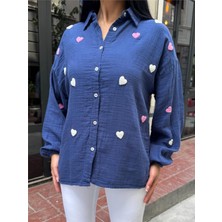 Laci Viskon Kalp Nakışlı Esnek Gömlek