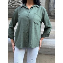 Haki Kırışık Oversize %100 Pamuk Gömlek