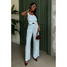 Kadın Mavi Crep Kolsuz Kare Yaka Ikili Takım