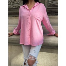 Pembe Oversize Kırışık %100 Polyester Gömlek