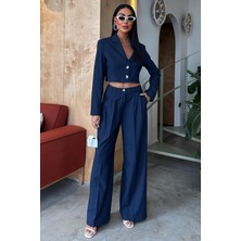 Kadın Lacivert Kruvaze Dokuma Crop Uzun Kol Takım