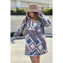 Kadın Kahve Desenli Astarlı, Kruvaze Ceket Yaka, Tek Düğme, Rahat Kalıp, Fitilli Kaşe Kumaş Kaban