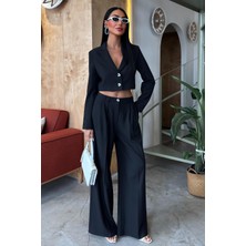 Kadın Siyah Kruvaze Pes Dokuma Crop Takım