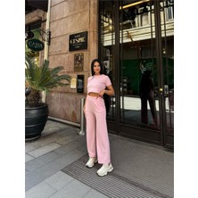 Pembe Modal Keten Dokulu Bisiklet Yaka Takım