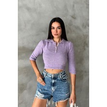 Kadın Lila Pamuk Elastan Triko Gömlek Yaka Crop Kazak
