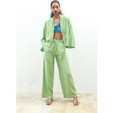 Kadın Yeşil Modal Dokuma V Yaka Uzun Kollu Takım