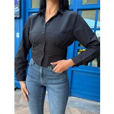 Siyah Desenli Polyester Parçalı Gömlek