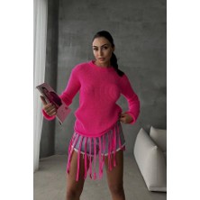 Kadın Fuşya Fitilli Triko Slim Uzun Kol Kazak