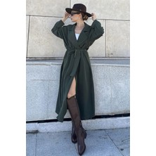 Kadın Haki Kruvaze Yaka, Kemerli, Cepli, Salaş Kesim Uzun Trençkot 