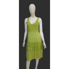 Italyan Yeşil Dantel Detaylı Askılı Kısa Elbise