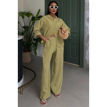 Kadın Yeşil Pamuk Kendinden Kabartma Çizgili Salaş Takım