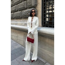 Kadın Ekru Akrilik Polo Yaka Uzun Triko Takım