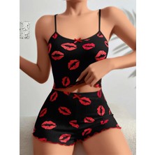 Pamuklu Kiss Öpücük Desen Siyah Fitilli Şortlu Pijama Takımı