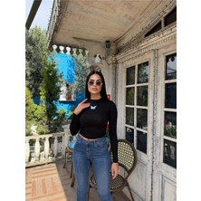 Kadın Siyah Kayık Yaka Uzun Kollu Viskon Badi Tişört