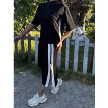 Siyah Polyester Keten Çizgili Yandan Takım