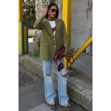 Kadın Haki Kruvaze Dokuma Oversize Blazer Ceket