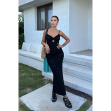 Kadın Siyah Askılı Uzun Örme Havuz Yaka Elbise