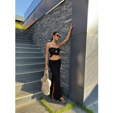 Kadın Siyah Akrilik Kolsuz Straplez Triko Takım