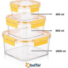 Buffer® 3'lü Pratik Silikon Contalı Sızdırmaz Kapaklı Sağlam Istiflenebilir Saklama Kapları