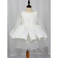 Beyaz Kabarık Boncuk Payet Işleme Tül Kol Abiye Elbise