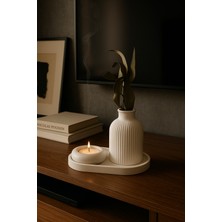 Seramik Vazo, Tealight Mumluk ve Dekoratif Tepsi Seti - Beyaz Minimal Tasarım