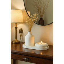 Seramik Vazo, Tealight Mumluk ve Dekoratif Tepsi Seti - Beyaz Minimal Tasarım