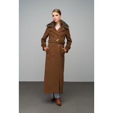 Olcay Yakası Çıkabilen Kürklü Kruvaze Manto Tütün 3991