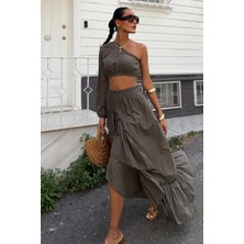 Kadın Haki Asimetrik Uzun Wual Tek Omuz Takım