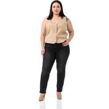 Büyük Beden Düğme Detaylı Vizon Bluzan Yelek