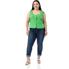 Büyük Beden Düğme Detaylı Benetton Yeşili Bluzan Yelek
