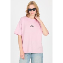 Pembe Yumuşak Dokulu Yazı Baskılı Oversize Tişört 6265