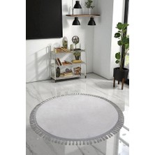 Relax Gri Yuvarlak Ponpon Saçaklı Salon Oda Koridor Halısı Kaymaz Tabanlı Dekoratif Yolluk