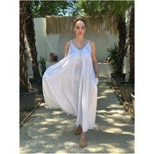 Yazlık Keten Askılı Oversize Elbise