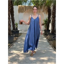 Yazlık Keten Askılı Oversize Elbise