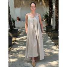 Yazlık Keten Askılı Oversize Elbise