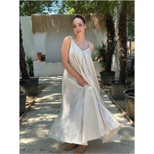 Yazlık Keten Askılı Oversize Elbise