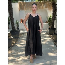Yazlık Keten Askılı Oversize Elbise