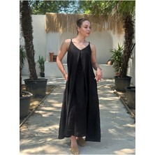 Yazlık Keten Askılı Oversize Elbise